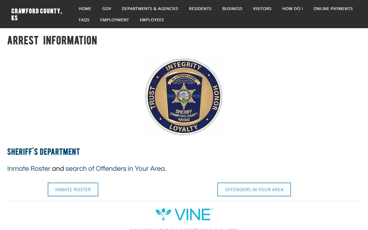 Crawford County arrest information page linking inmate roster and VINE