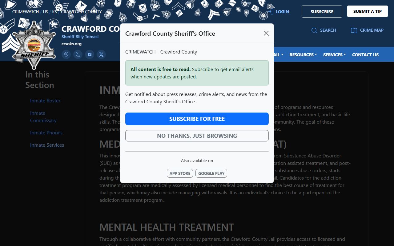 Crawford County inmate services page for jail programs and reentry