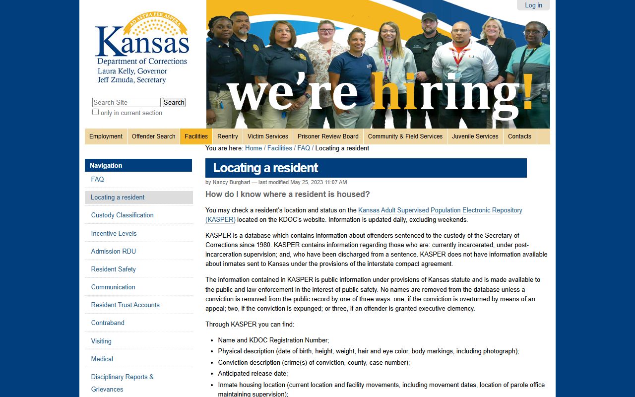Kansas KDOC KASPER inmate locator fields for Crawford County sentenced inmates